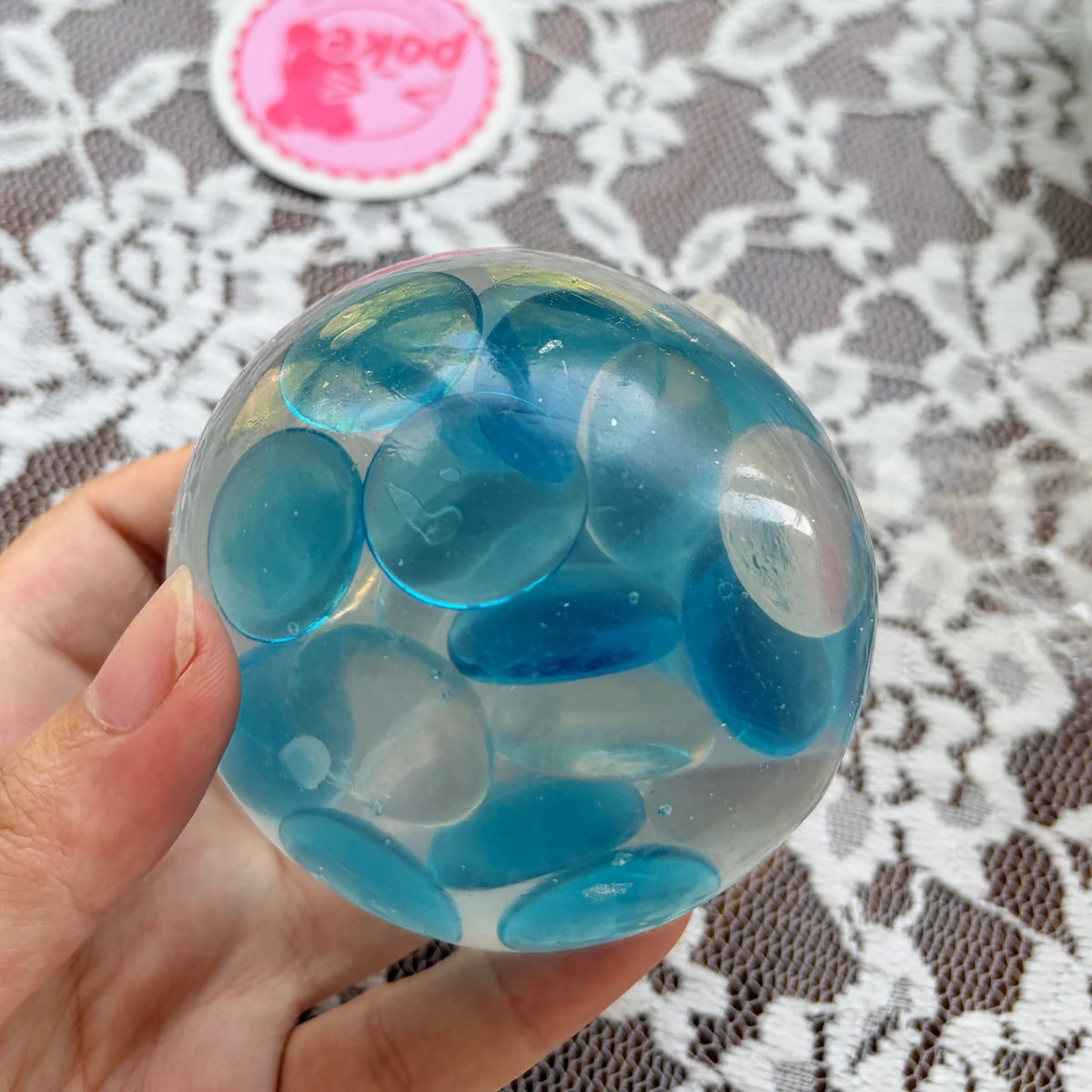 Handmade Ocean‑Blue Flat Pebble Squishy Ball, Medium‑Force Noisy Rattle ASMR Stress Fidget Toy - Poke >_<