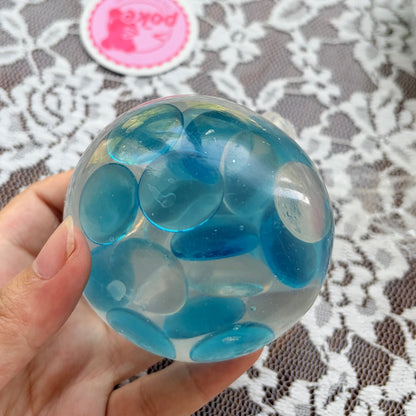 Handmade Ocean‑Blue Flat Pebble Squishy Ball, Medium‑Force Noisy Rattle ASMR Stress Fidget Toy - Poke >_<
