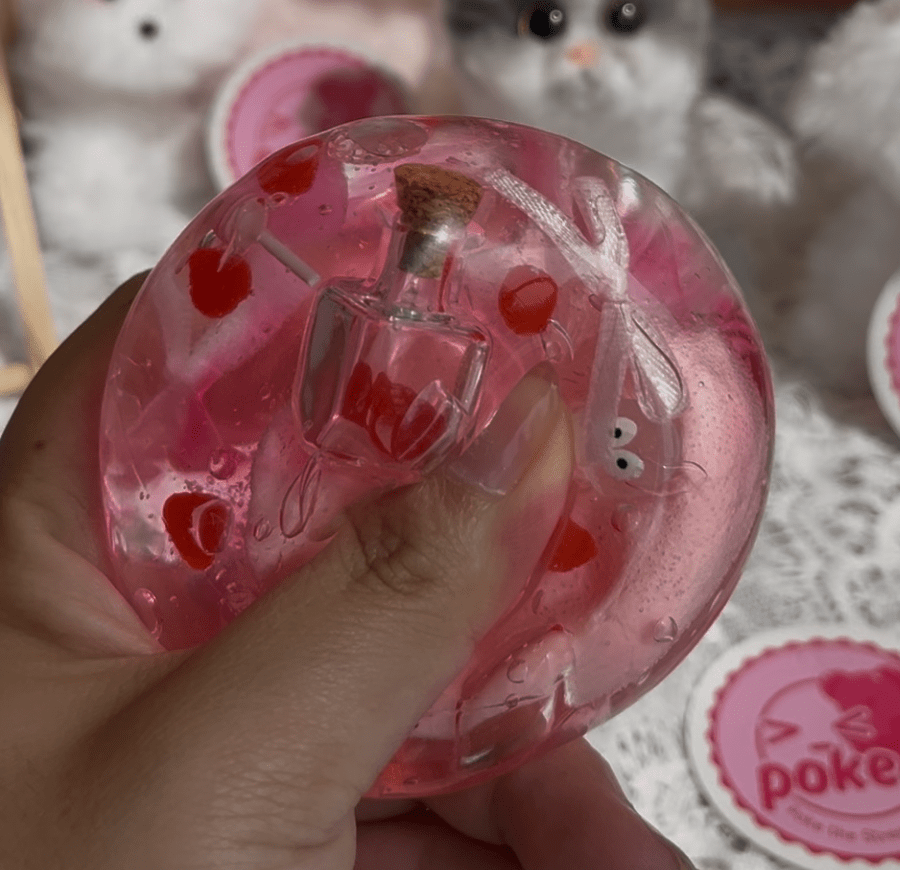 Handmade Pink Wish Bottle Squishy Ball, Stretchy Squeeze Toy - Poke >_<