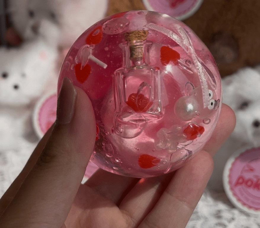 Handmade Pink Wish Bottle Squishy Ball, Stretchy Squeeze Toy - Poke >_<