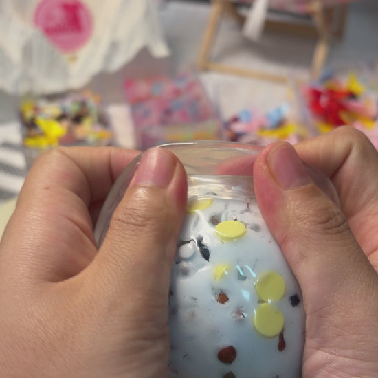 Cream pale‑blue crispy handmade squishy packed with pastel tube beads and shiny sequins. Firm and solid at the start, crack open with a satisfying crunch when squeezed hard, viral heavy‑force ASMR stress fidget toy.