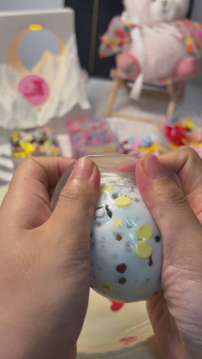 Cream pale‑blue crispy handmade squishy packed with pastel tube beads and shiny sequins. Firm and solid at the start, crack open with a satisfying crunch when squeezed hard, viral heavy‑force ASMR stress fidget toy.