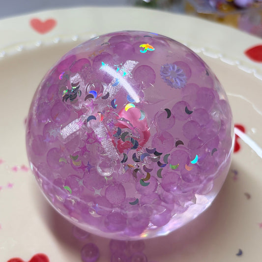 Purple Bead Glitter Squishy Ball, Stretchable Suction Stress Relief Fidget Toy - Poke >_<