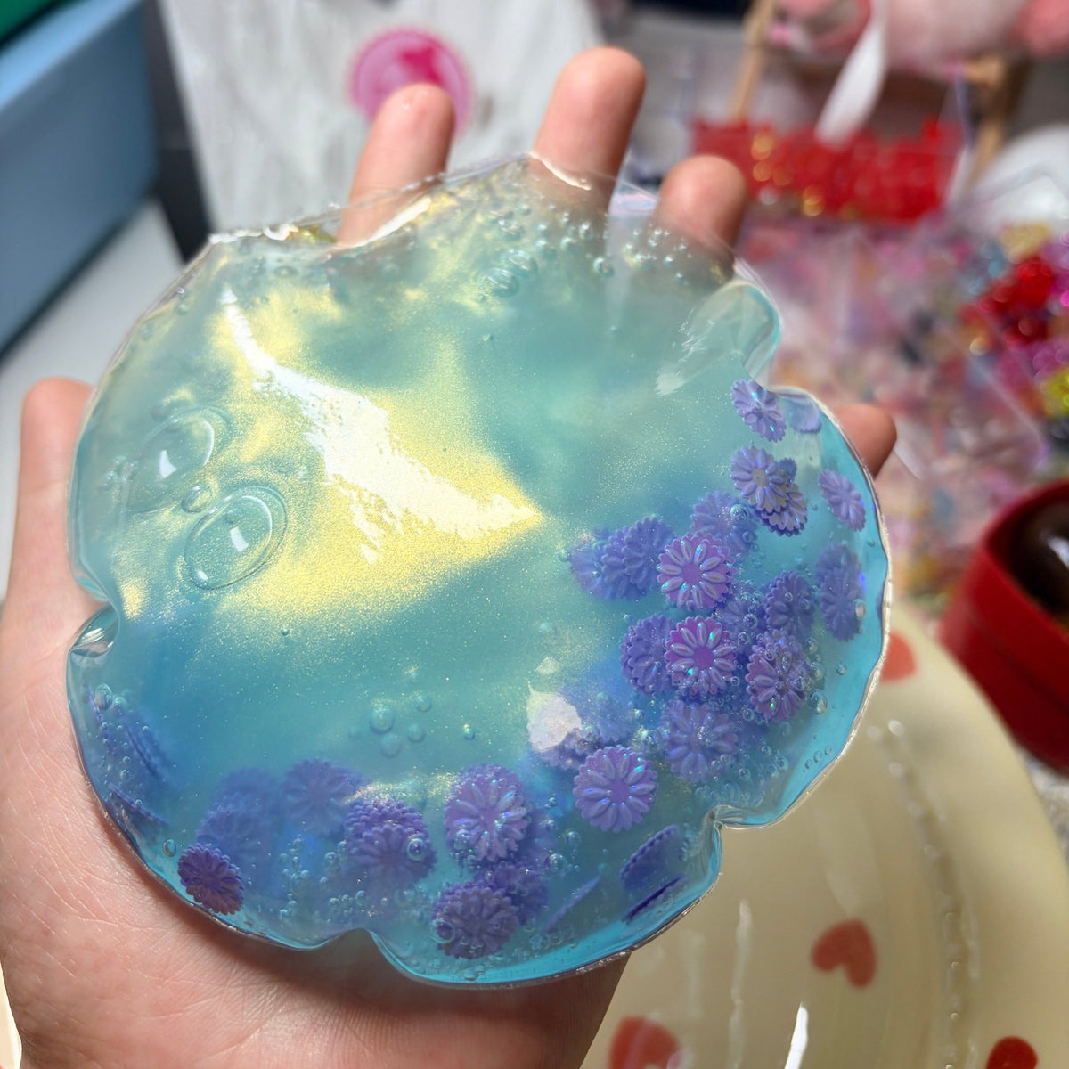 Viral Shimmer Mermaid Blue Flower Squishy Bag, Gentle Squeeze Flowy Handmade Squeeze Toy - Poke >_<